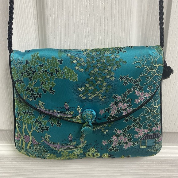 Hand Made Teal Blue Pure Silk Embroidery Mini Cross-body Purse 8x6x.75" - Picture 2 of 9